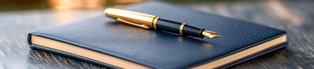 Fototapeta premium Luxury Fountain Pen Resting on Leather Journal with Gold Accents. Generative AI