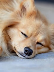 Adorable golden fluffy dog peacefully sleeping on a cozy surface with a relaxed expression : Generative AI