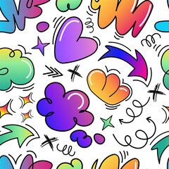 Bright and colorful doodle seamless pattern with hand-drawn hearts, clouds, arrows,abstract elements in a playful comic style. for prints, wallpapers, packaging, textiles, and digital designs.Vector