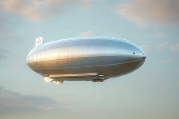 Fototapeta premium A large silver blimp flying through a cloudy sky, great for adventure or travel illustrations