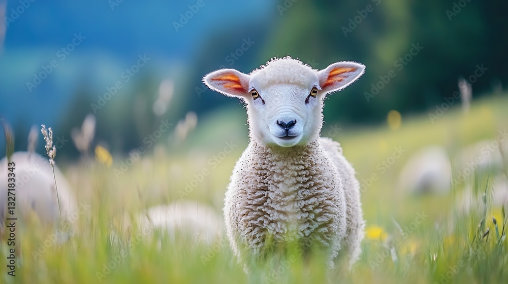 Poster cute fluffy sheep standing in a green meadow with flowers and soft sunlight : generative ai