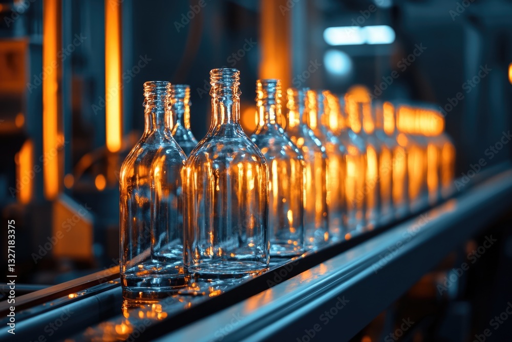 Poster line of empty glass bottles moving along a production line conveyor belt