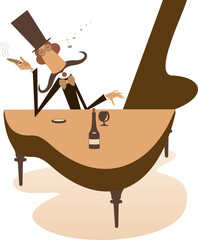 Pianist or composer sitting near a piano.Pensive pianist in the top hat with cigar in the hand and a bottles of whisky playing a piano