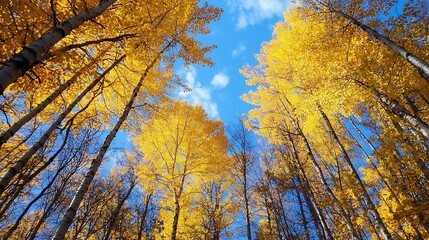 Breathtaking view of vibrant autumn trees reaching towards a blue sky with white clouds above : Generative AI