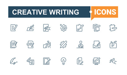 Creative Writing icons set in linear style. Contain linear sign art, text, note, read, author, ink and more. Writing and Literature simple icon. Minimalist vector collections. Editable stroke.