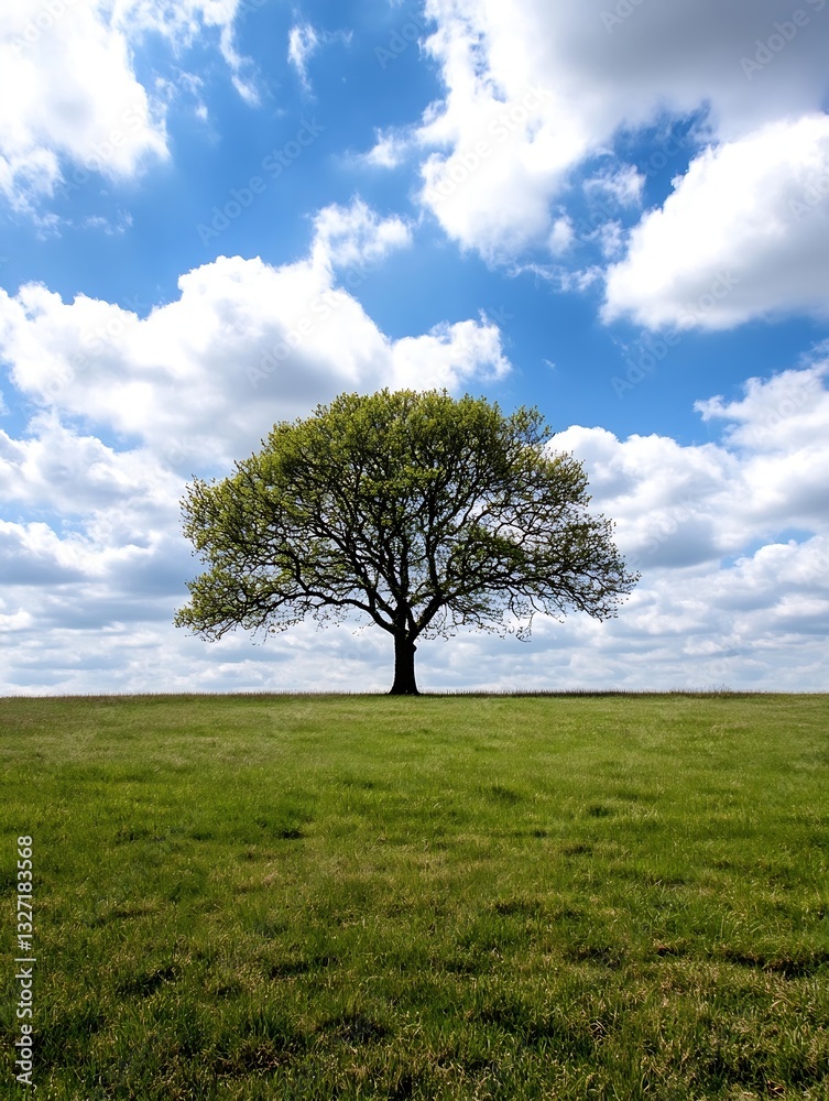 Poster majestic solitary tree standing in a vast open field under a bright blue sky with fluffy white cloud