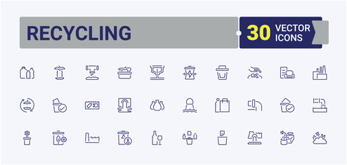 Recycling modern icons set. Contains outline symbols like use, zero, garbage, planet, waste, ecology, cycle, compost. Zero Wasting icon set. Icons for design. Minimal icon pack.