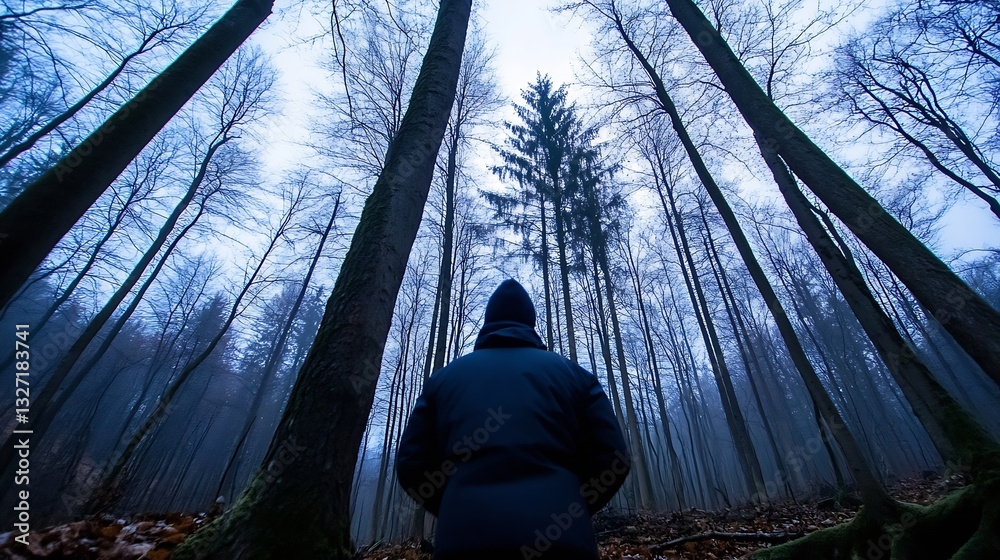 Aufkleber individual standing amidst tall trees in a foggy forest setting creating a dramatic silhouette again