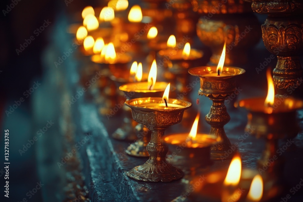 Poster row of lit candles placed on a table with a warm and cozy ambiance