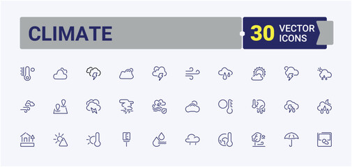 Climate icons set. Containing meteorology, snowflake, drop, season, thermometer, snow and more. Weather icon pack. Vector icon and illustration.