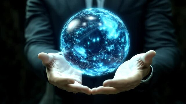 Businessman hold over hand global digital network. Businessman hold over hand animated global digital link social network media and internet network concept over space globe 