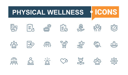 Physical Wellness icons set. Contains such icons as activity, person, health, spirit, care, herbal, relaxation, mind, mental and more. Wellness icon collection. Editable stroke. Vector illustration.