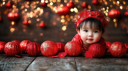 Adorable Baby in Festive Red Attire Surrounded by Christmas Ornaments
