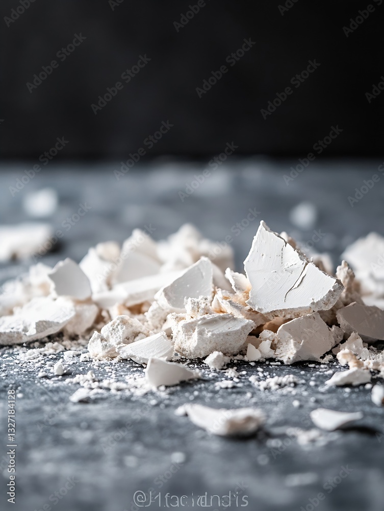 Poster crushed white chalk or mineral powder spread across dark surface for artistic or crafting background