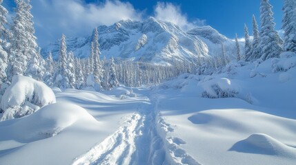 Obraz premium Snowshoe Tracks on a Mountainous Trail Leading to Majestic Snow-Capped Peaks. Generative AI