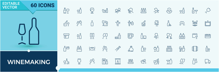 Winemaking icon. Featuring making, wine, drink, winemaker, cocktail, vineyard and more. Thin linear style icons. Beverage icon set. Modern vector illustration.