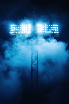 Towering stadium lights pierce the night sky illuminating a smoky haze creating a dramatic and cinematic mood with a low angle perspective