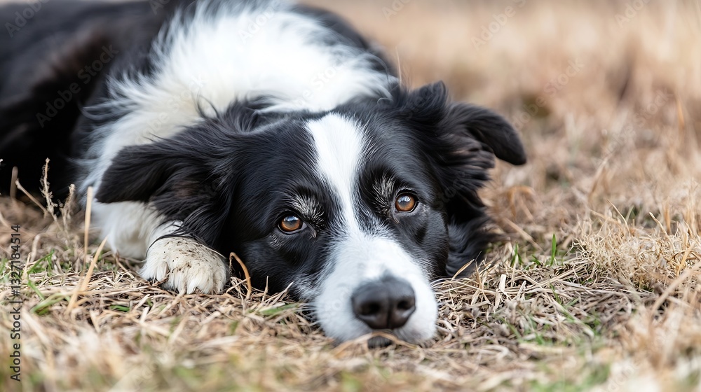 Aufkleber beautiful close up of a sad border collie resting on the grass with soulful eyes showcasing emotions