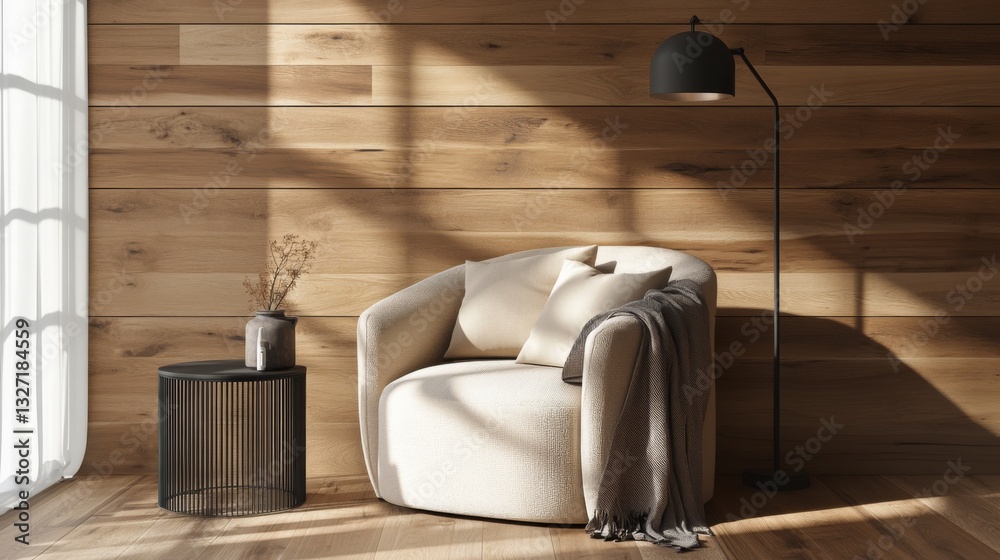 Poster a cozy corner of a living room with a comfy armchair, a small side table, and a floor lamp, creating
