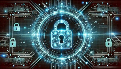Obraz premium Digitale Kunst eines Schlosses umgeben von Schaltkreisen und Datenströmen, das Cybersicherheit und Datenschutz visualisiert.