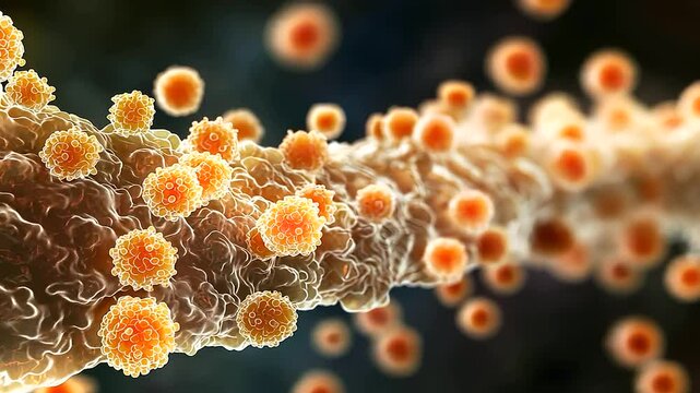 Close-up D medical illustration of leukemia cells, showing abnormal tumor formations at a cellular level.