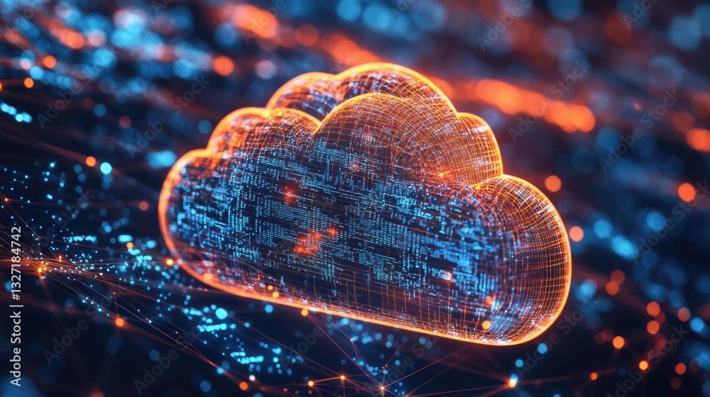 Poster a digital map of cloud technology with interconnected server nodes and a two-tone cloud, symbolizing