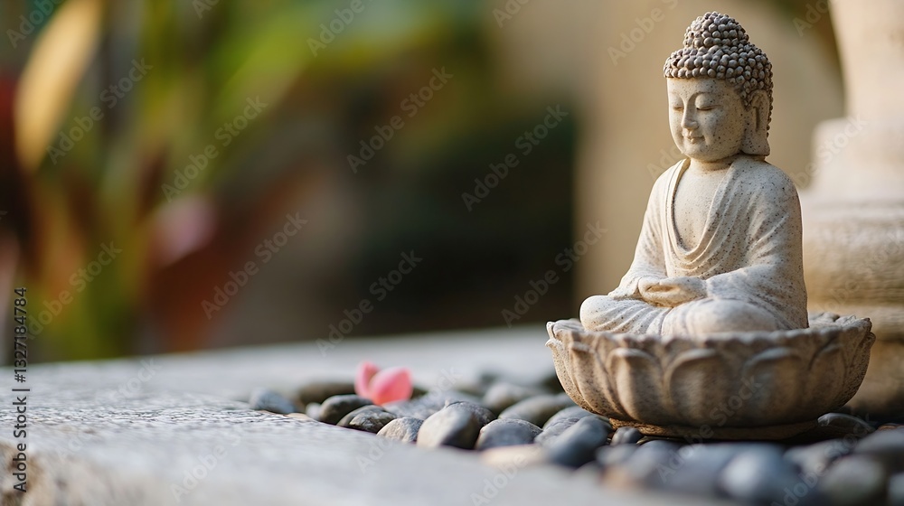 Poster serene composition featuring a stone buddha sculpture surrounded by pebbles and a soft focus backgro