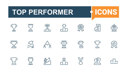 Top Performer vector line icon collection. Includes symbols for award, achieve, win, prize, winner, success, up. Winner icons set in linear style. Modern icon collections.