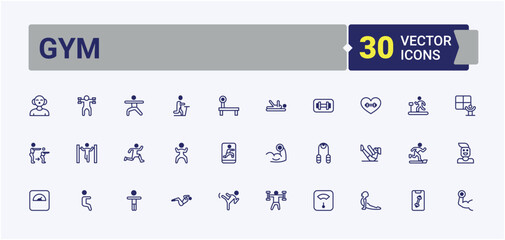 Gym icon. Contain linear sign protein, weight, diet, muscle, sport and more. Physical Fitness icon set. Line symbol. Trendy minimal icons. Editable stroke. Vector illustration.