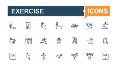 Exercise minimal icon set. Contains such icons as health, diet, run, wellbeing, gym, fitness, weight, training and more. Physical Fitness linear icons. UI icon set in a flat design.