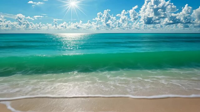 A serene beach setting features the word 'Summer' beautifully etched in the sand, complemented by gentle waves and a brilliant blue sky filled with clouds. Perfect for summer-themed visuals.