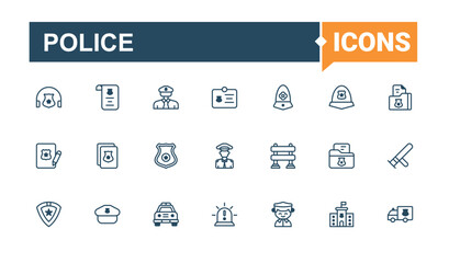 Police icon set. It contains symbols to arrest, office, badge, thief, protect, jail, officer and more. Perfect for logos and infographic. Court icon collection. Trendy minimal icons.