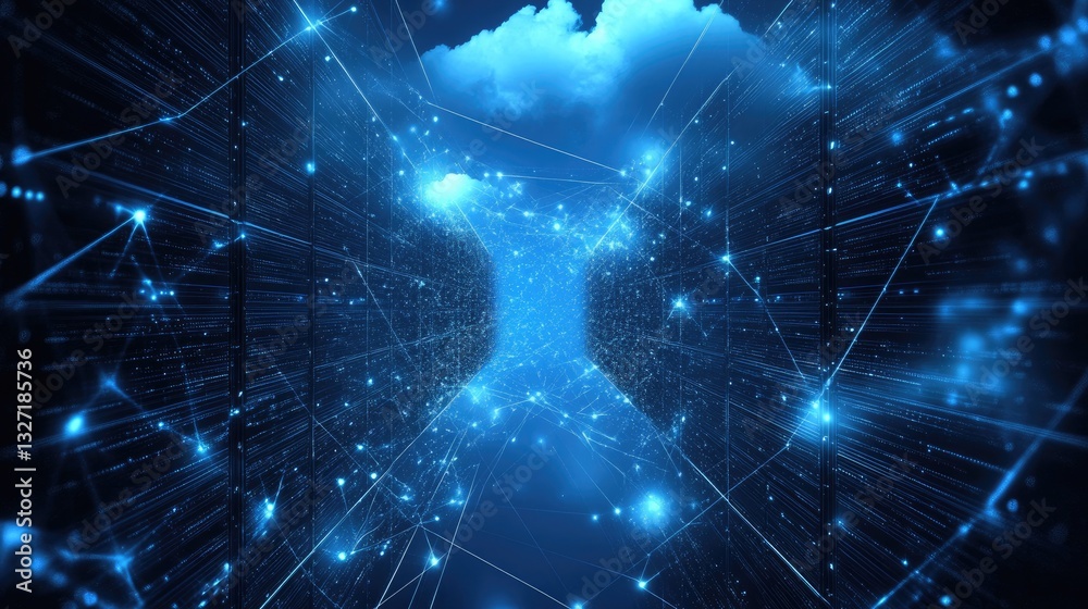 Poster a dynamic digital network of interconnected servers and two-tone clouds, illustrating modern cloud-b