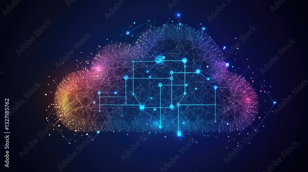 Poster a dynamic representation of cloud computing with interconnected server nodes and two-tone cloud, ill