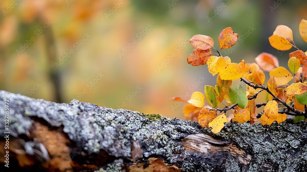 Fototapete close up of colorful autumn leaves on log surrounded by soft nature background : generative ai