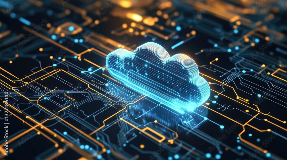 Poster a futuristic cloud architecture with server nodes, interconnected via a network grid and a two-tone 