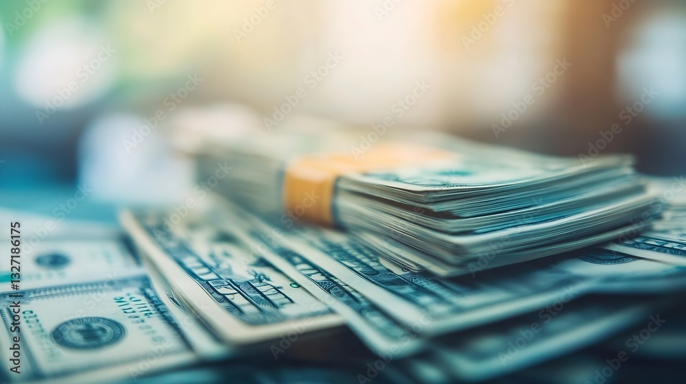 Poster stack of hundred dollar bills with a warm glow highlighting the cash and financial themes : generati