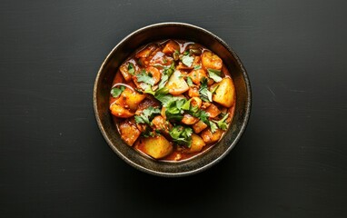 Overhead shot of a bowl of potato curry. The curry is a rich reddish-brown color and garnished with fresh cilantro. The bowl is dark brown and sits on a dark background