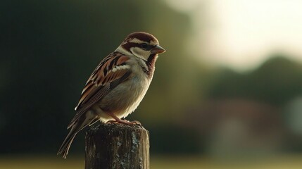 Eurasian Sparrow perched on post, out-of-focus background