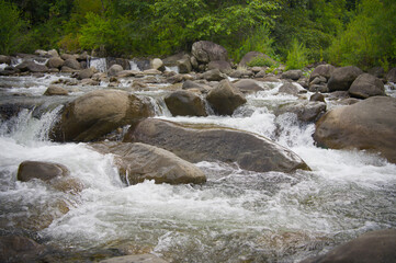 The river flows through the rocks during summer.
