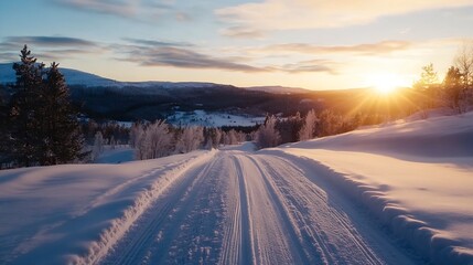 Breathtaking snowy road at sunset leading through a serene winter landscape : Generative AI