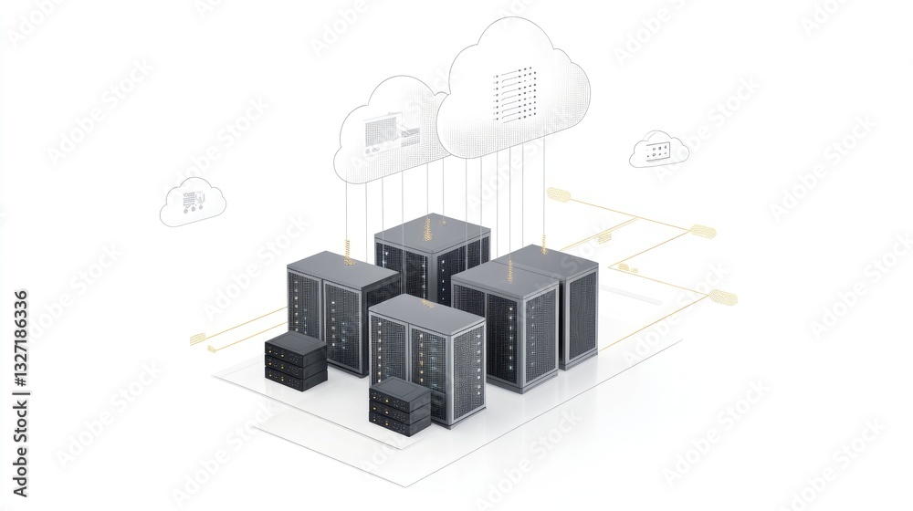 Poster a futuristic data center network with interconnected server nodes, connected by a two-tone cloud rep