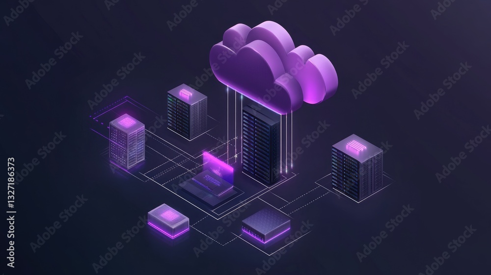 Poster a futuristic data center network with interconnected server nodes, connected by a two-tone cloud rep