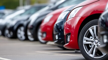 A row of cars in a modern parking lot showcasing various colors and designs of vehicles waiting for owners : Generative AI