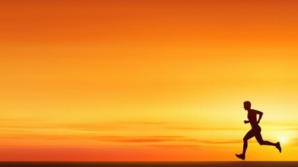 A silhouette of a runner at sunset, with an orange sky and the runner in full stride against a stunning horizon.
