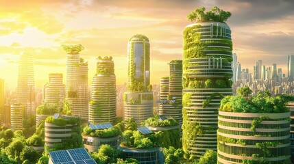 Obraz premium A futuristic green city skyline featuring buildings covered in vegetation and solar panels.