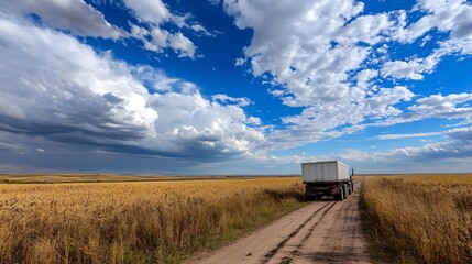A truck driving down a dirt road through expansive fields under a dramatic sky filled with clouds : Generative AI