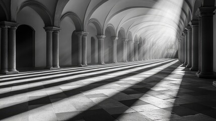 Sunlit Archway Hallway, Palace Interior, Mystical Light, Background Shadows, Stock Photo