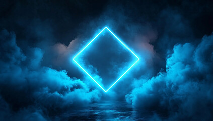 Glowing blue neon rhombus, smoke billowing on dark backdrop, illuminated square frame surrounded by misty clouds, ethereal look.