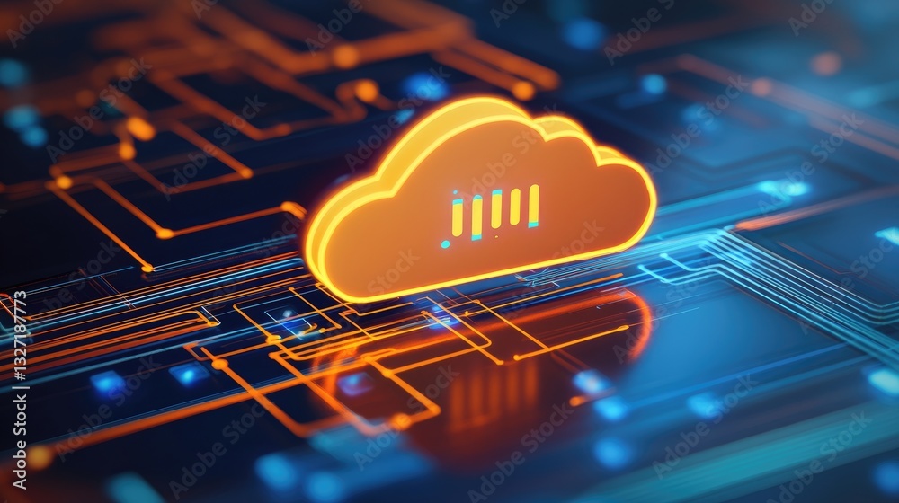 Poster a high-tech illustration of a cloud computing system with interconnected nodes, showcasing infrastru